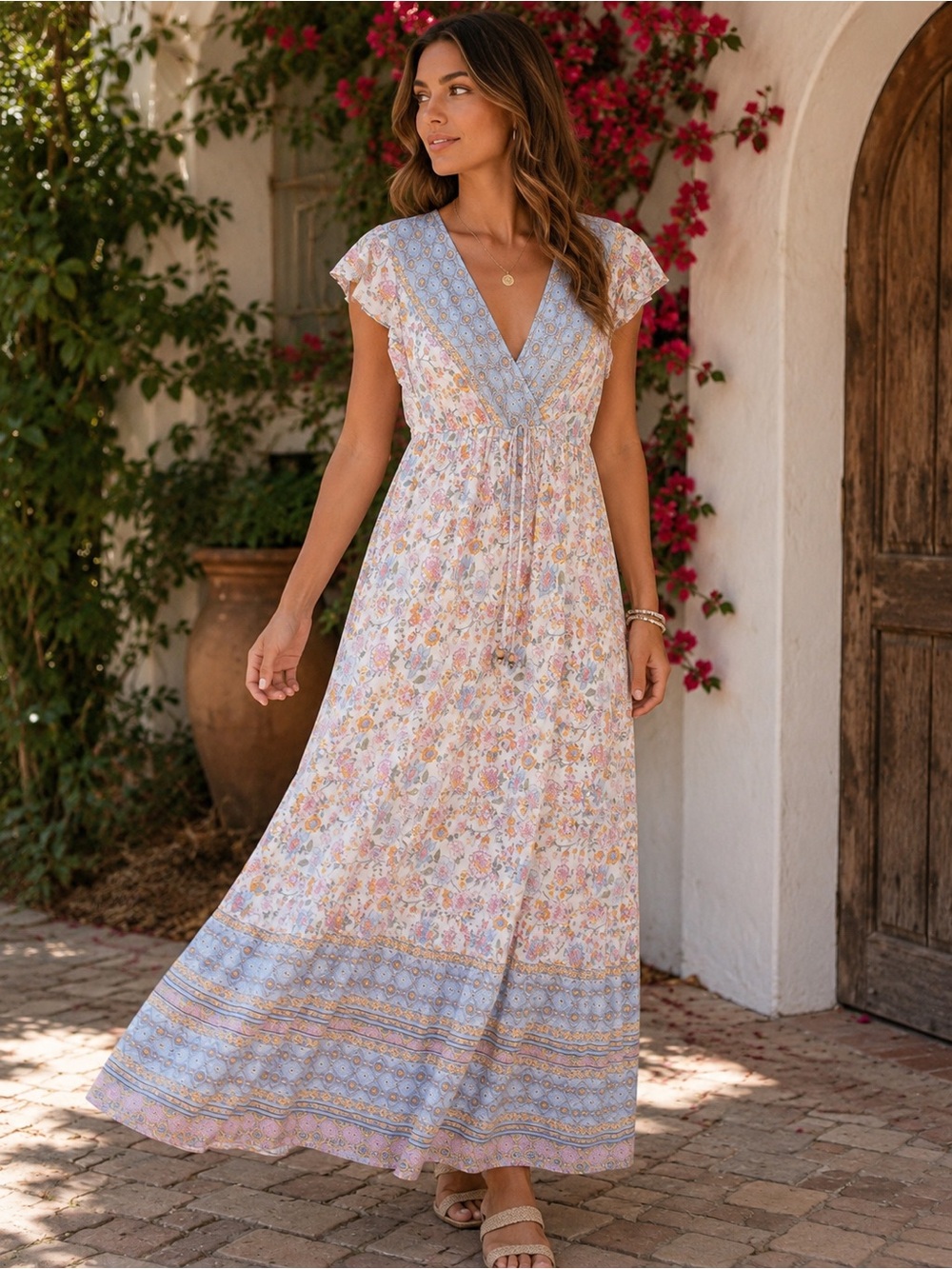 Bebop Floral Boho Maxi Dress Tie Waist | size S